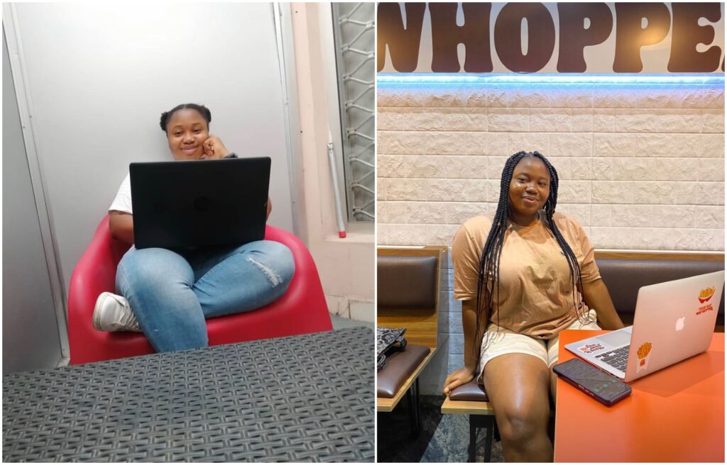 Chiamaka at the digital marketing academy (left), Chiamaka working at BurgerKing (right)