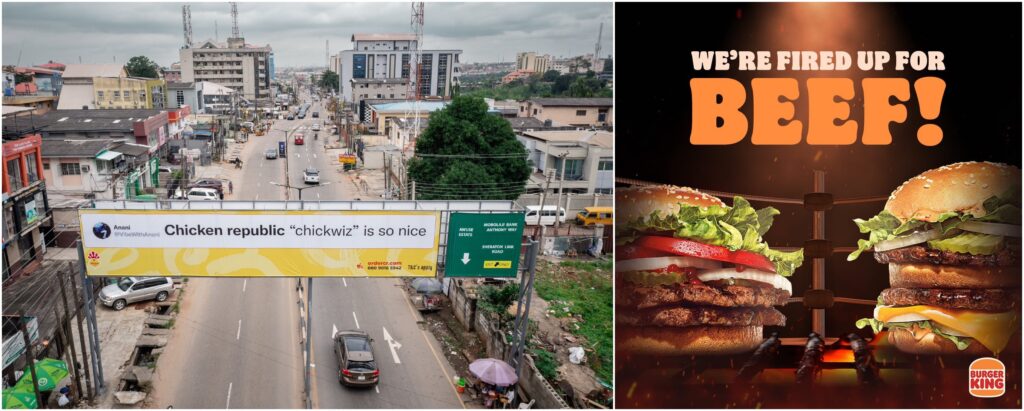 Chicken Republic's "Brand Love" Campaign (Left) and A poater of Burger King's "Fired Up For Beef" Campaign (Right)