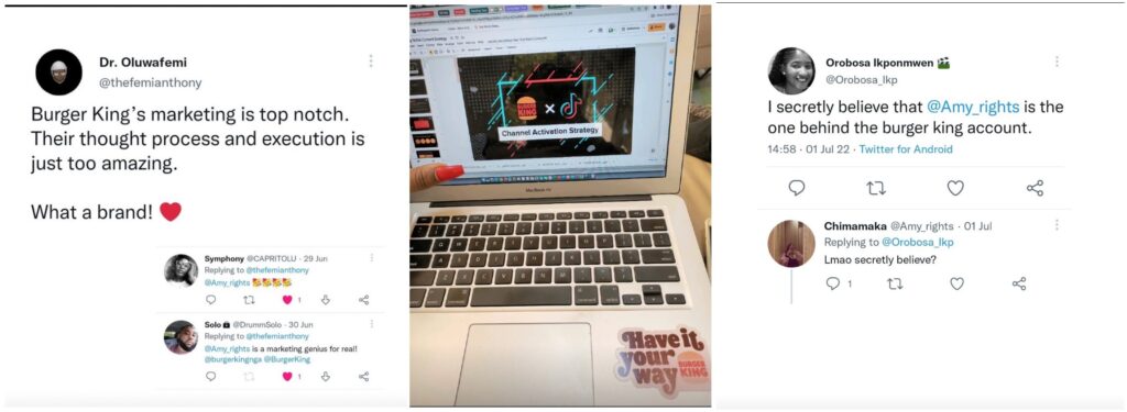 Tweets from people asserting that Chiamaka is the Social Media Magaer of Burger King's X account