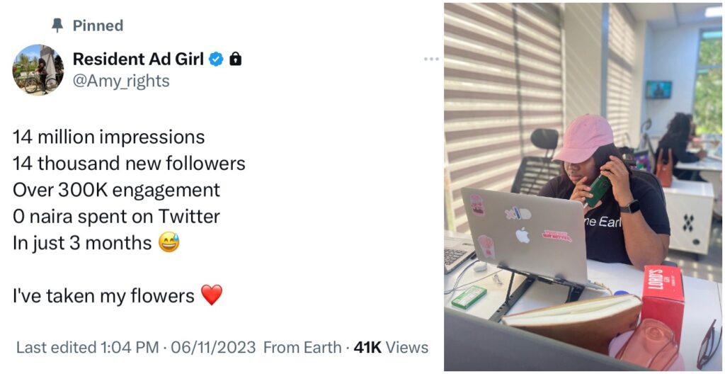 Social Media metrics Chiamaka smashed in three months (left) and Chiamaka at her desk, working (right)