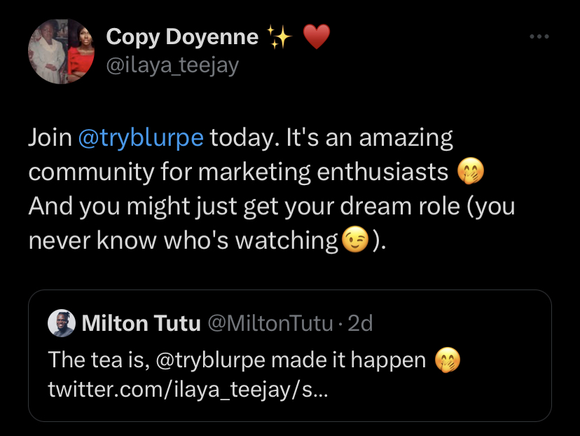 Teejay's excited tweet after getting a marketing job courtesy of blurpe