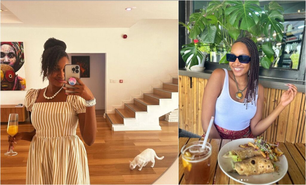 two pictures showing Melissa Kariuki at home and having lunch