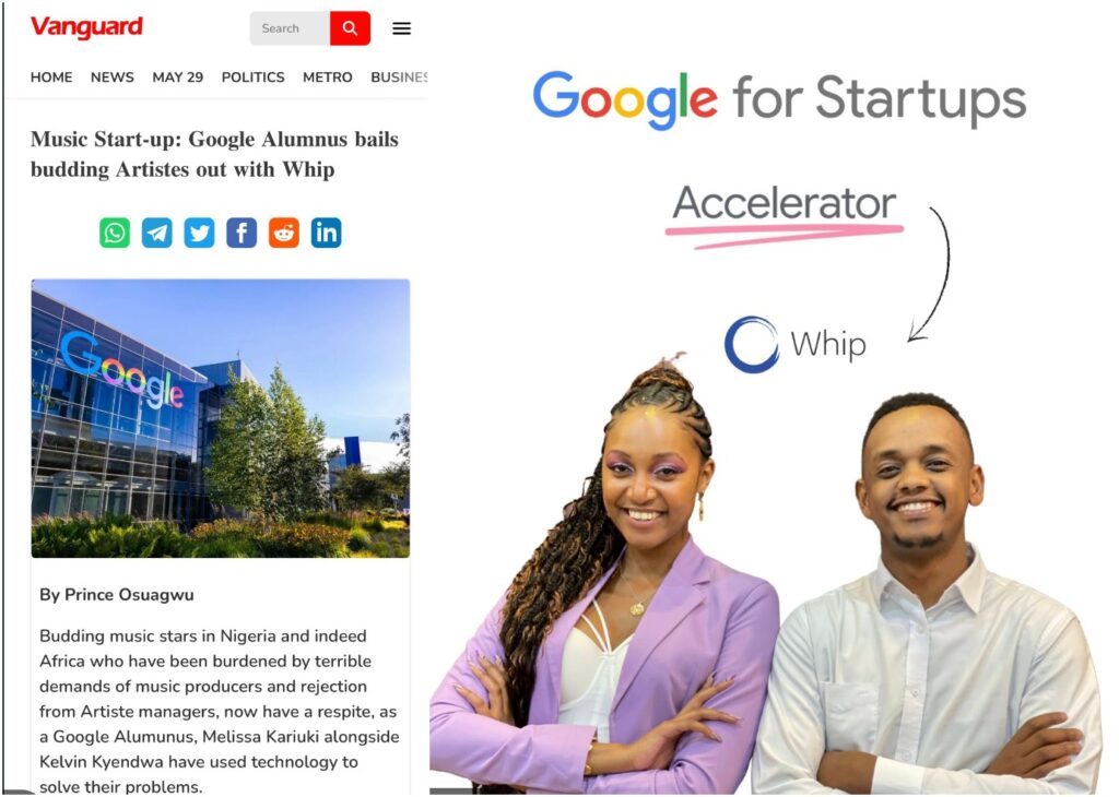 Google and Vanguard newspaper publications of Melissa and her Co-Founder, Whip Music AFrica