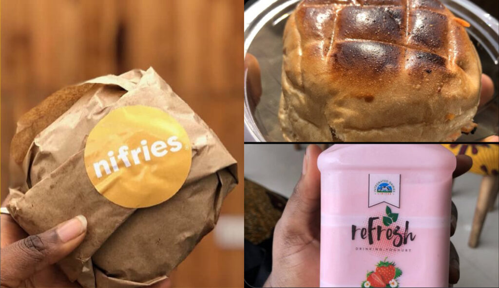 Images of Ni-fries Burger and a bottle of yogurt